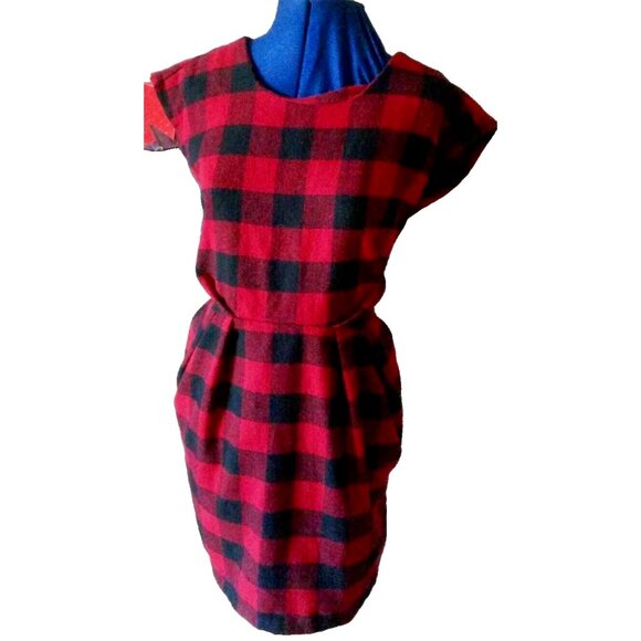 Vintage 90s buffalo plaid black & red checkered wool blend shift dress M - Picture 7 of 11